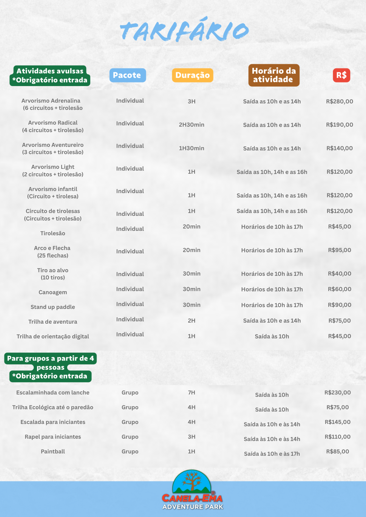 Tarifário Canela de Ema